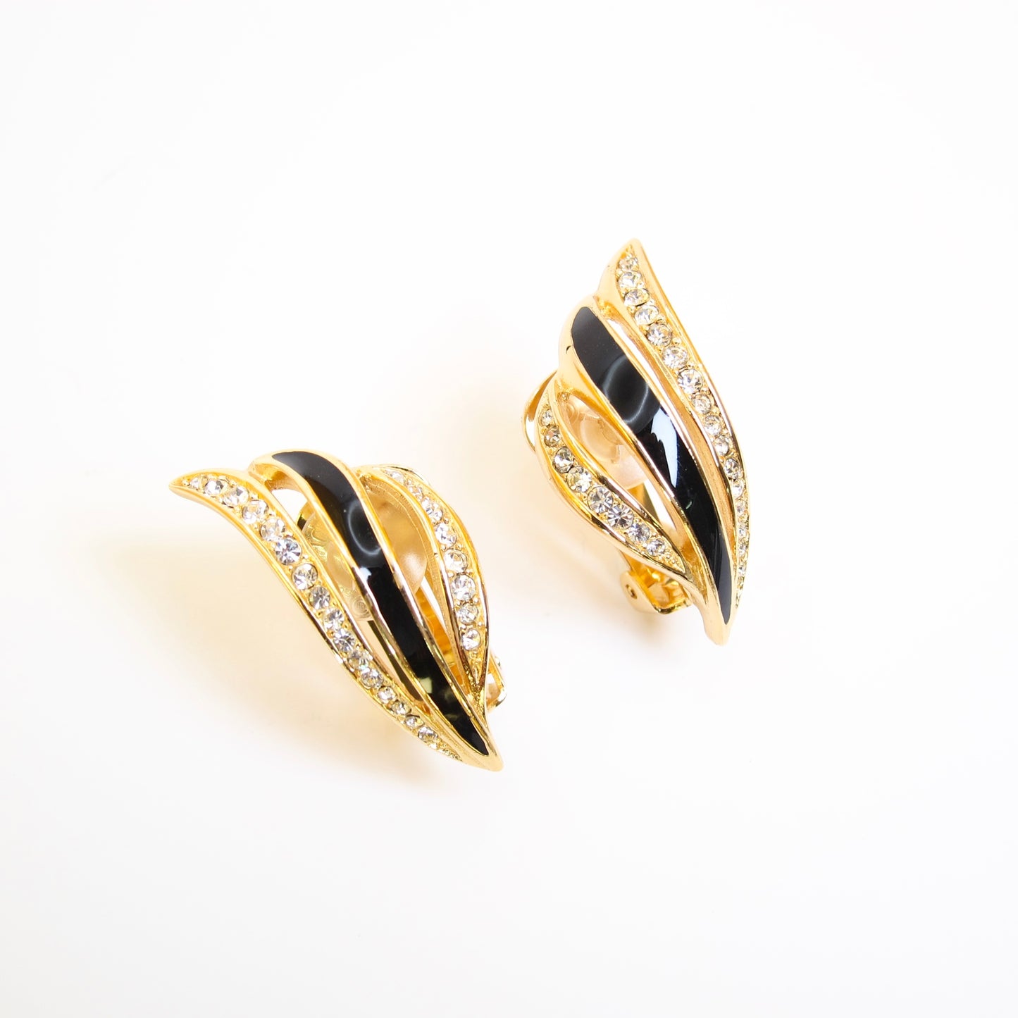 Christian Dior Vintage Stylish Black and Rhinestone Golden Clip-on Earrings