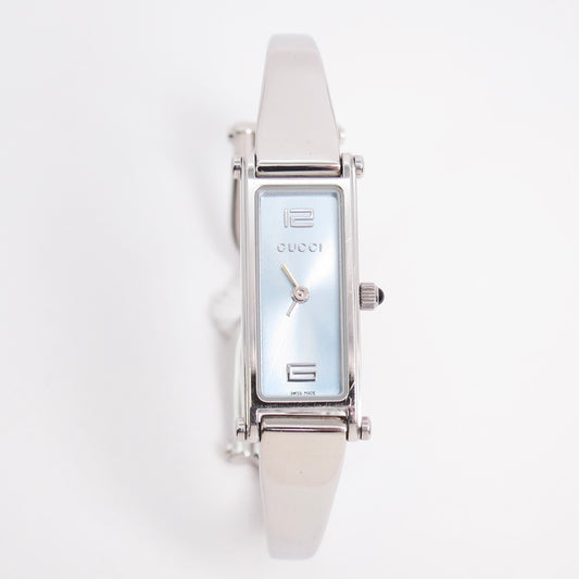 Gucci Vintage Rectangle Blue Face Silver Bangle Watch