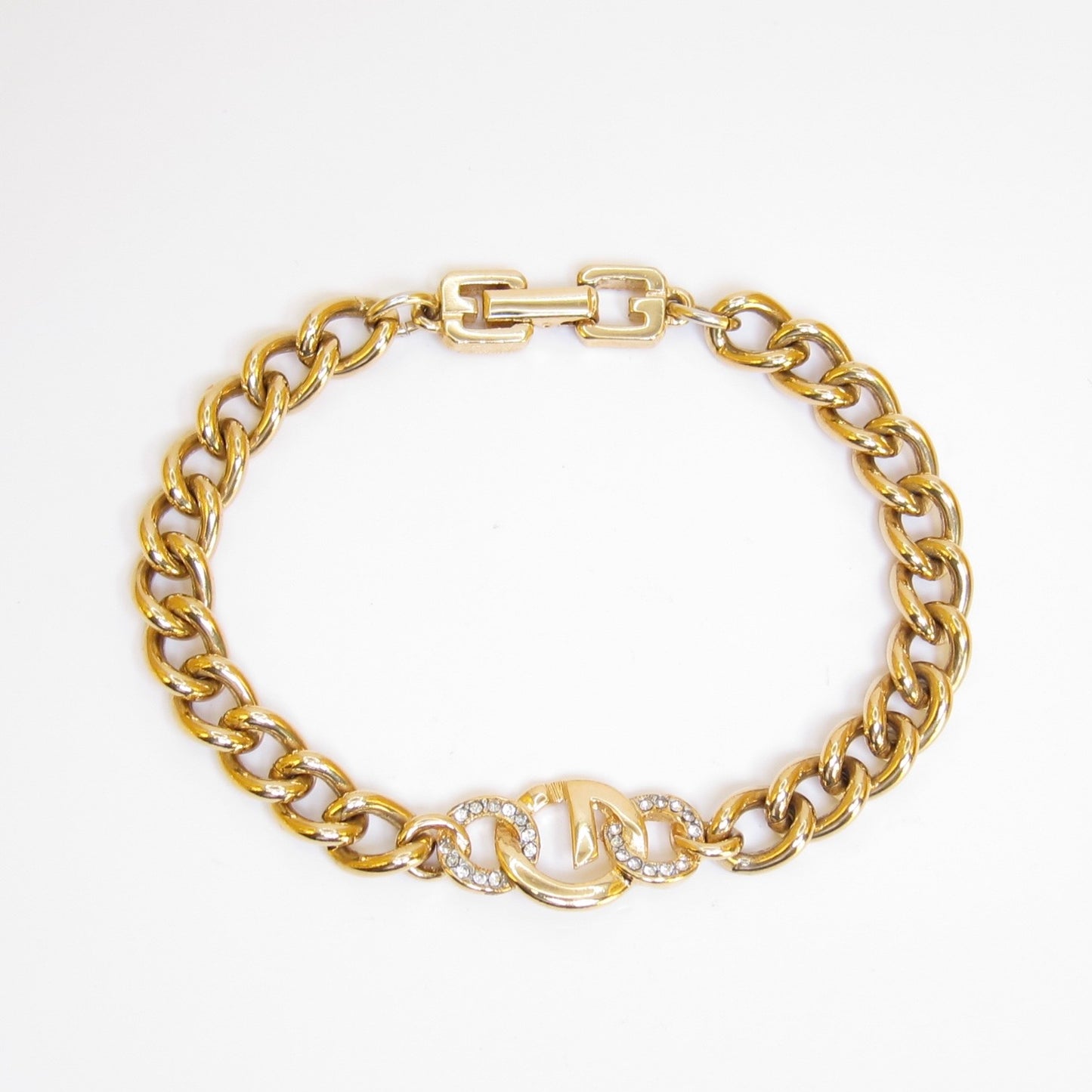 Givenchy Vintage G Logo and Rhinestone Golden Chain Bracelet