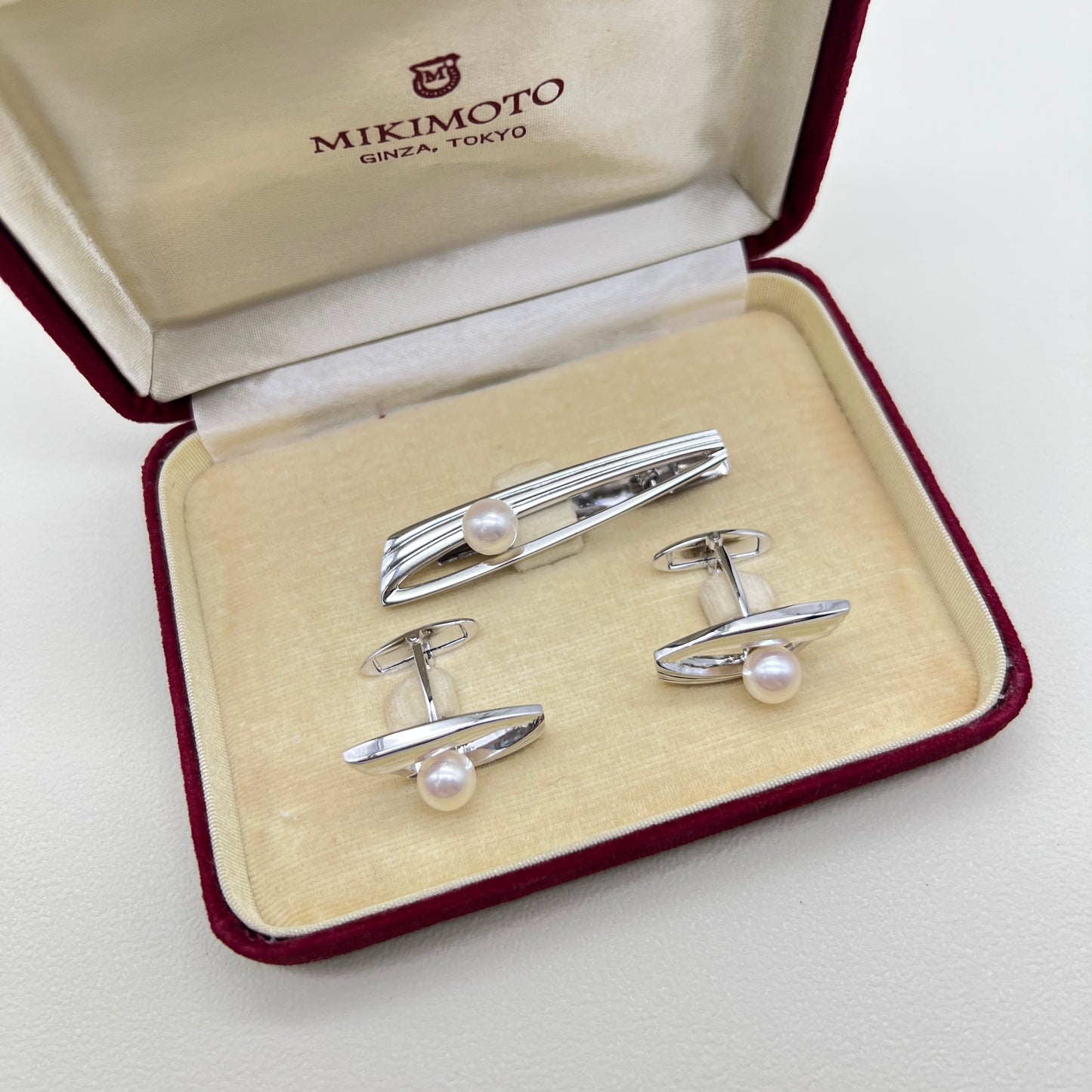 Mikimoto Vintage Akoya Pearl Silver Cufflinks and Tie Clip Set