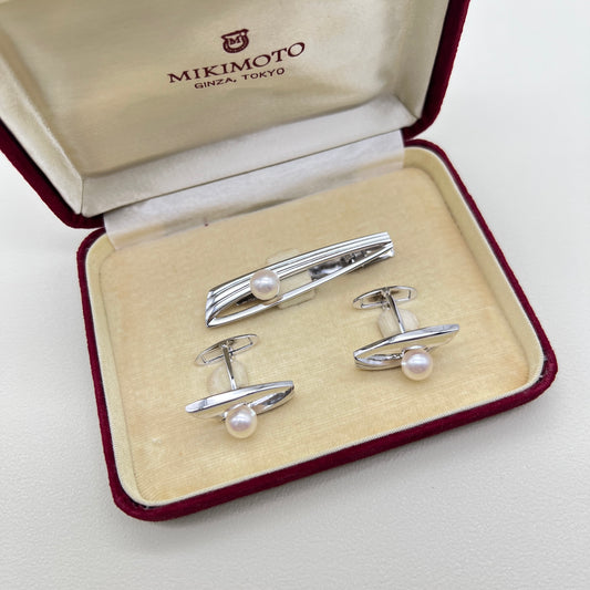 Mikimoto Vintage Akoya Pearl Silver Cufflinks and Tie Clip Set