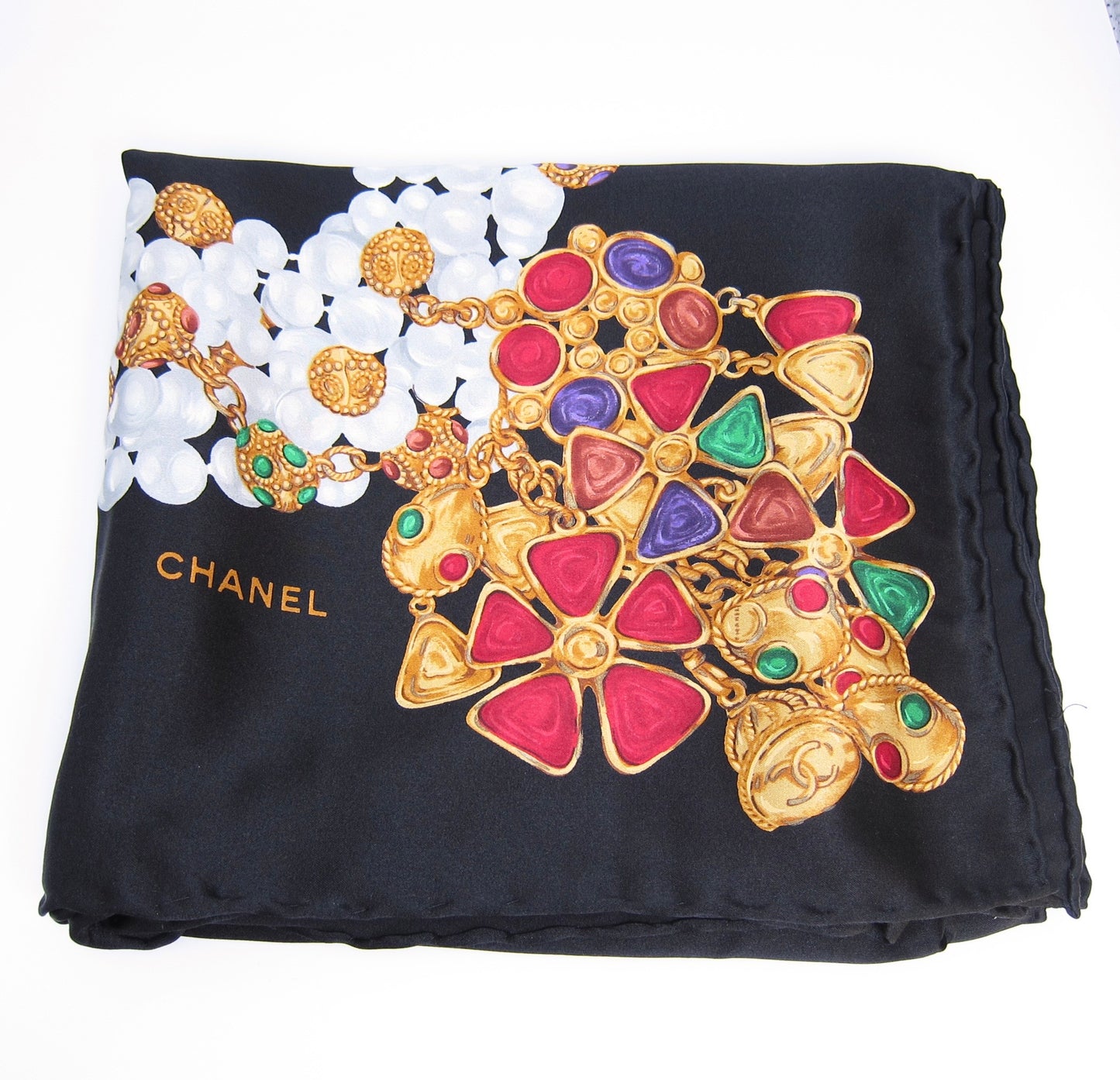 Chanel Vintage Jewelry Print Black Silk Square Scarf