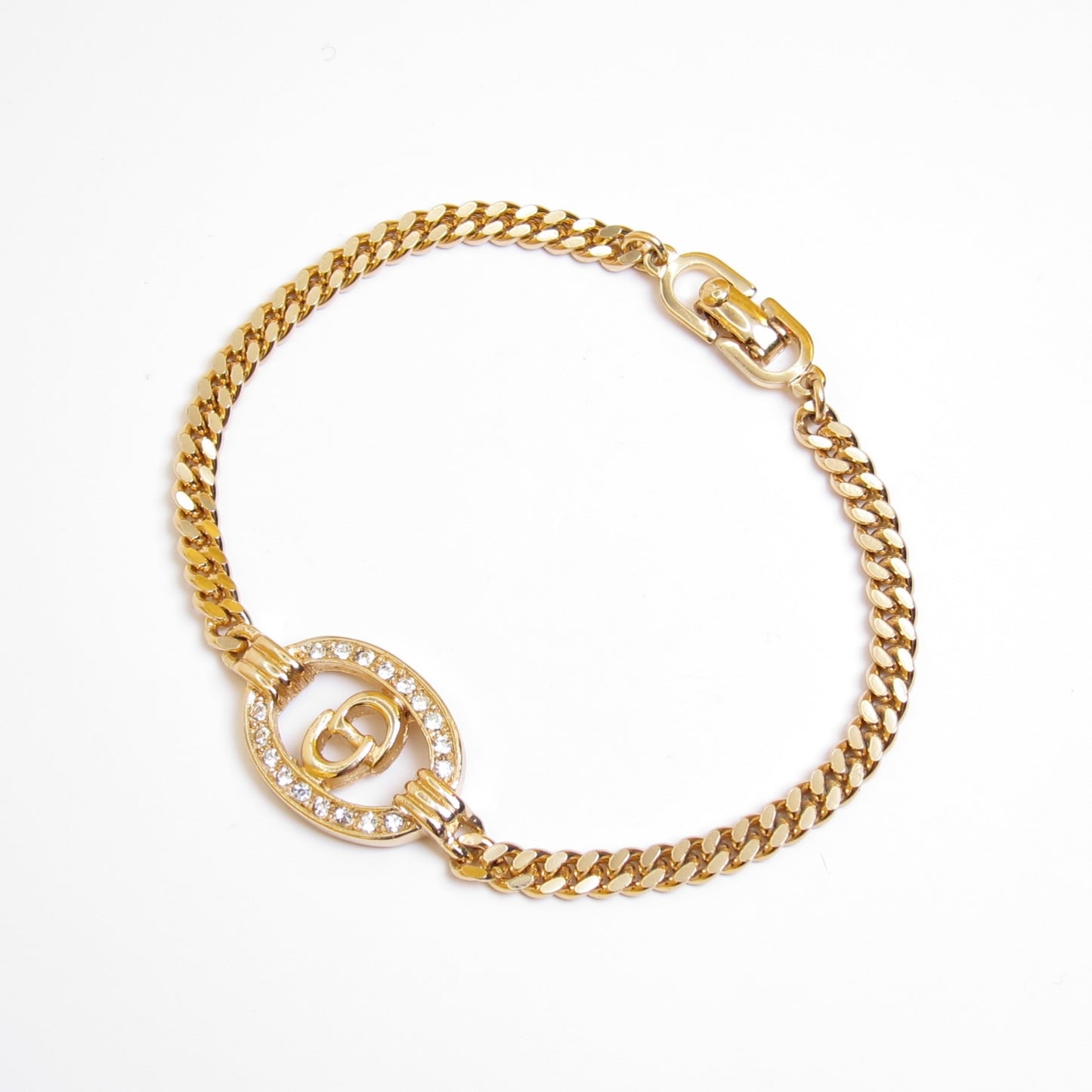 Christian Dior Vintage CD Logo in Oval Shaped with Rhinestone Golden Bracelet