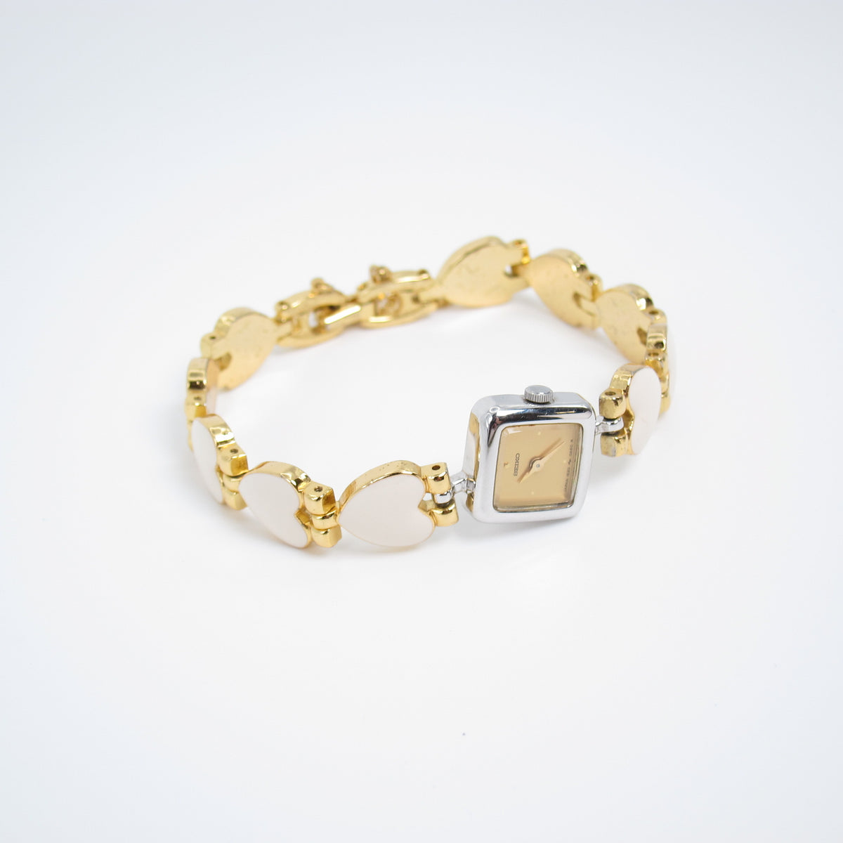 Seiko Vintage Square Dial with White Enamel Heart Link Chain Two Tone Watch