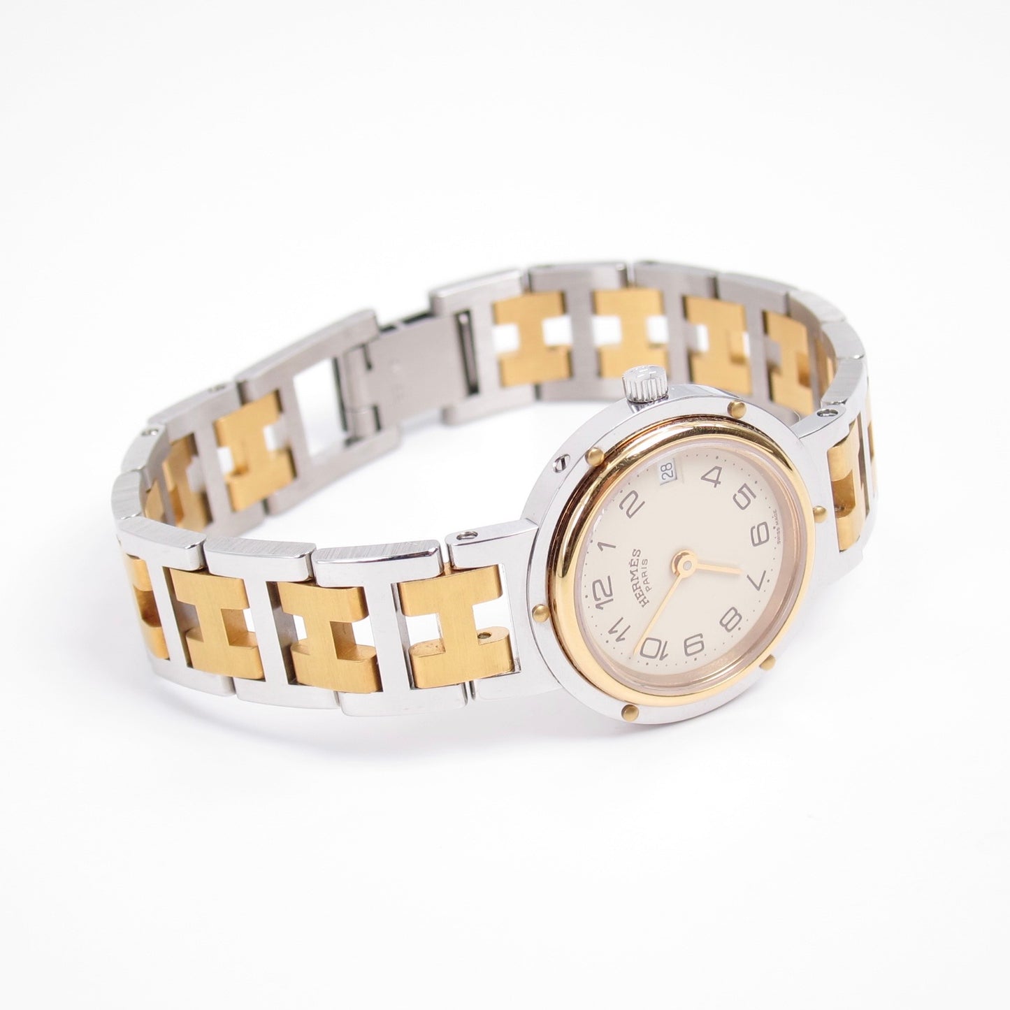 Hermes Vintage Clipper Ivory Dial with Date and H Bracelet Two Tone Watch