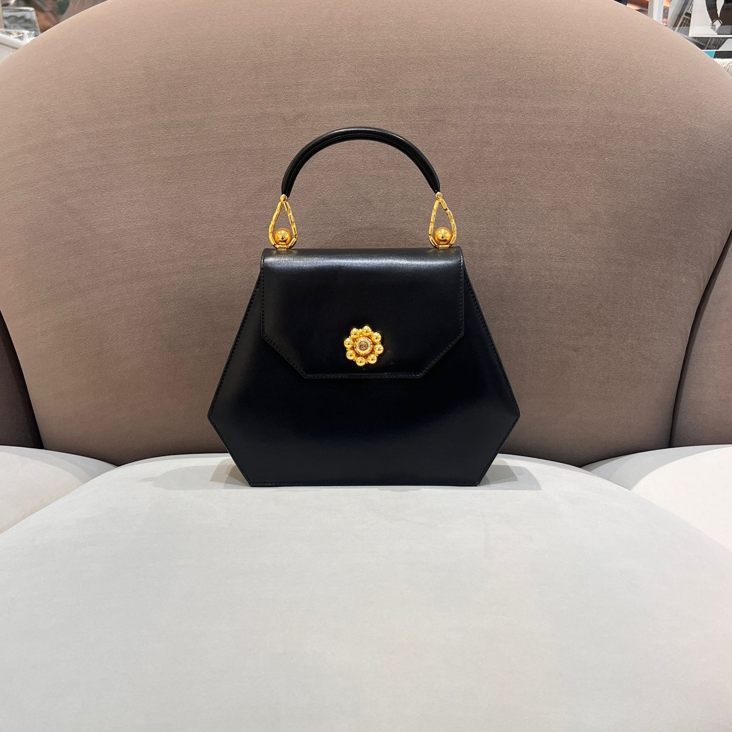 Bally Vintage Black Leather Hexagonal Top Handle Handbag