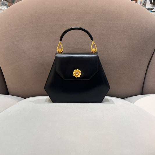 Bally Vintage Black Leather Hexagonal Top Handle Handbag