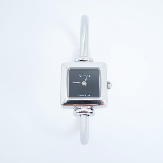 Gucci Vintage Square Black Face Silver Bangle Watch
