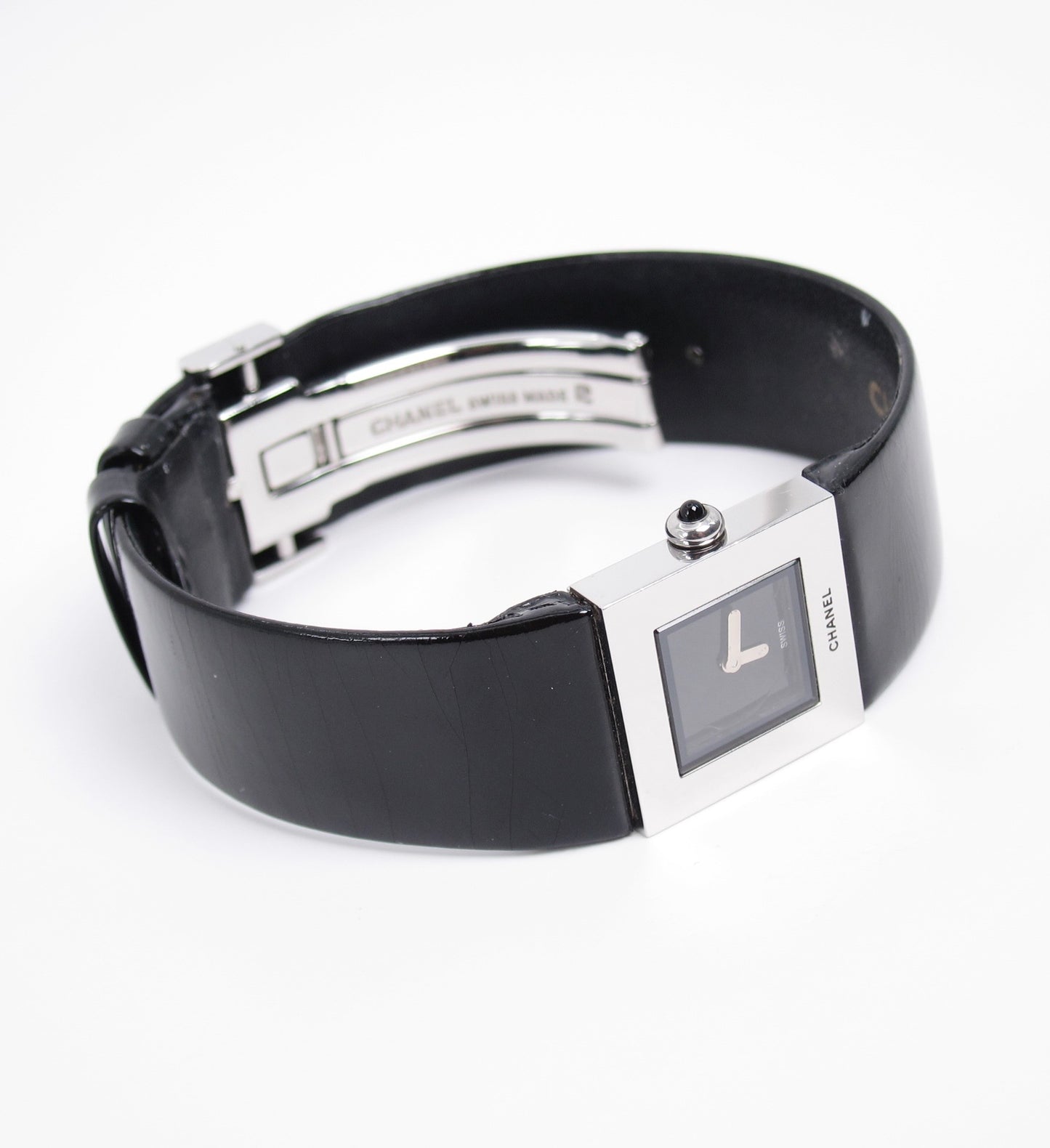 Chanel Vintage Matelasse Square Black Face with Leather Strap Watch