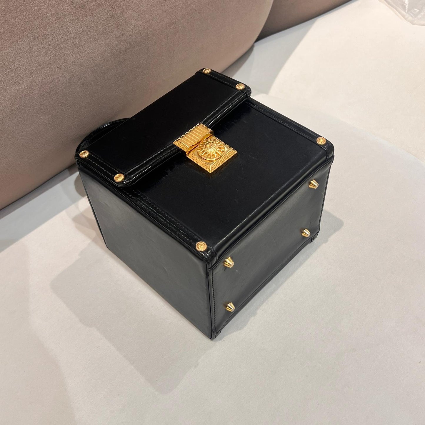 Versace Vintage Black Leather Medusa Vanity Handbag