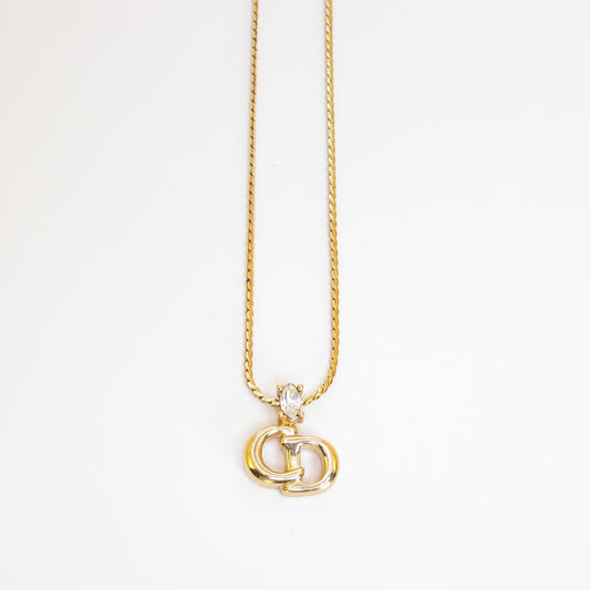 Christian Dior Vintage CD Logo and Rhinestone Golden Necklace
