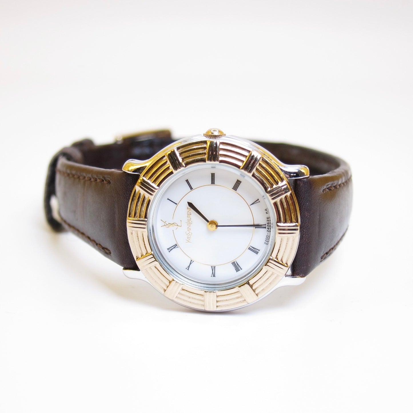 Yves Saint Laurent Vintage Round White Face with Black Leather Strap Two Tone Watch