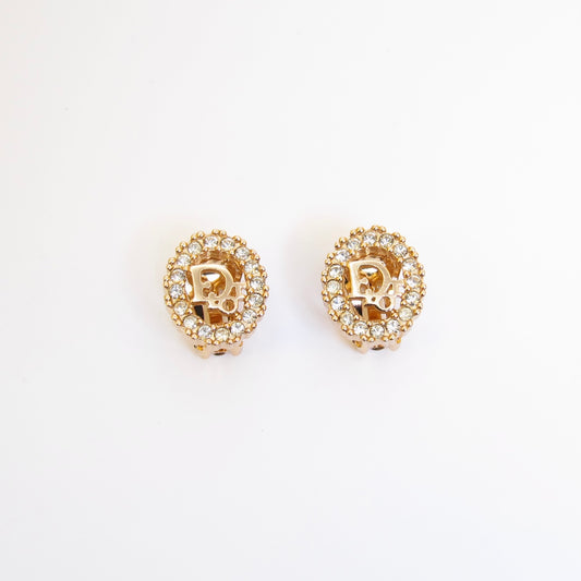 Christian Dior Vintage Dior Logo in Oval Shape with Rhinestone Golden Clip-on Earrings