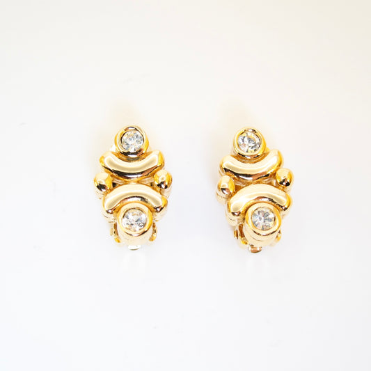 Nina Ricci Vintage Stylish Rhinestone and Golden Clip-on Earrings