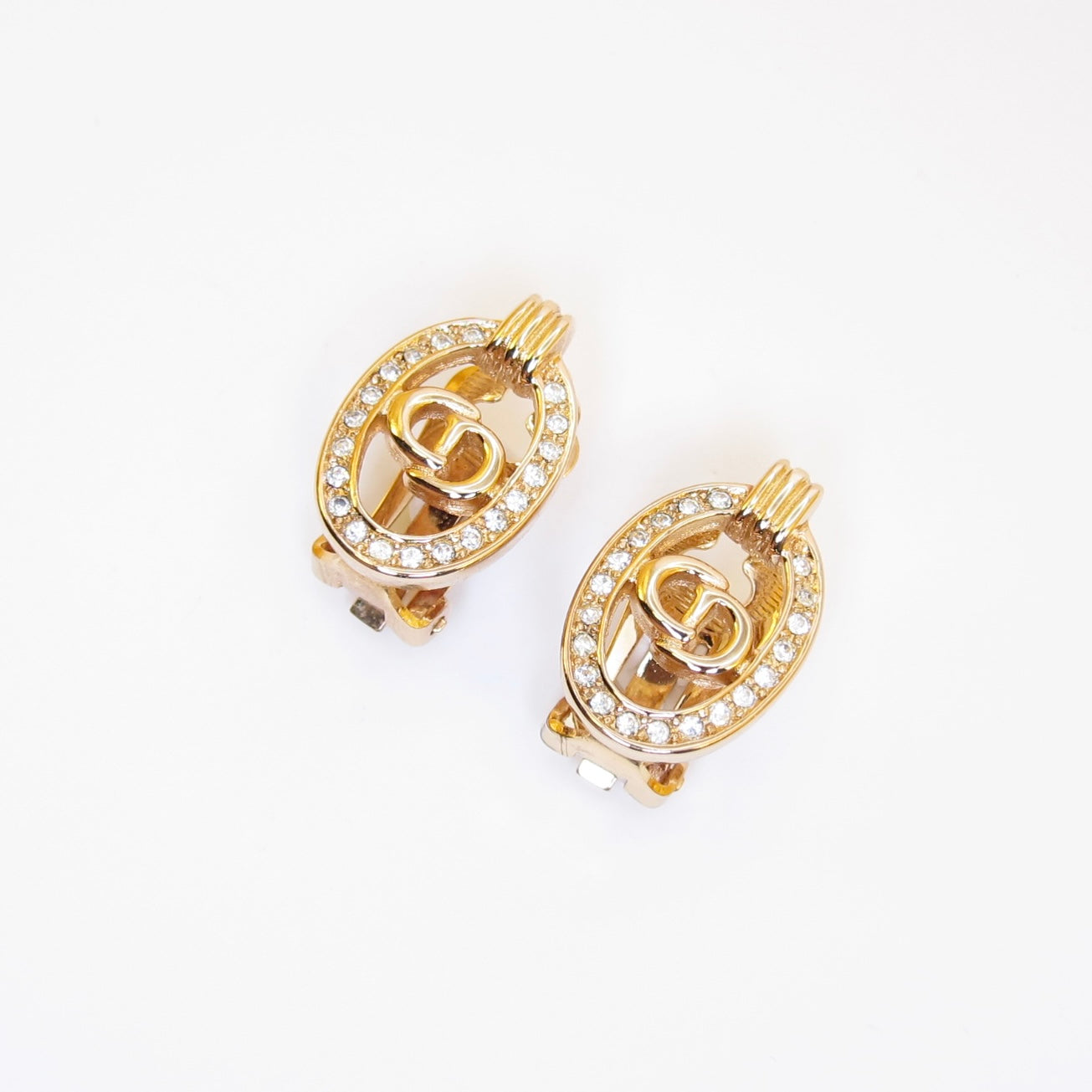 Christian Dior Vintage CD Logo in Oval Shaped with Rhinestone Golden Clip-on Earrings