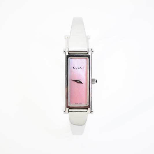 Gucci Vintage Rectangle Pink Shell Pearl Face Silver Bangle Watch