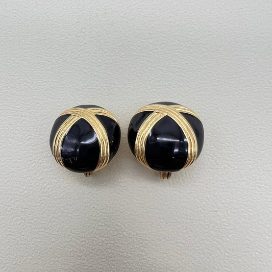 Monet Vintage Ball Shape Black and Golden Clip-on Earrings