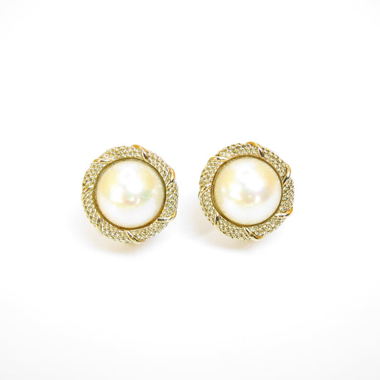Christian Dior Vintage Round Shape Pearl Golden Clip-on Earrings
