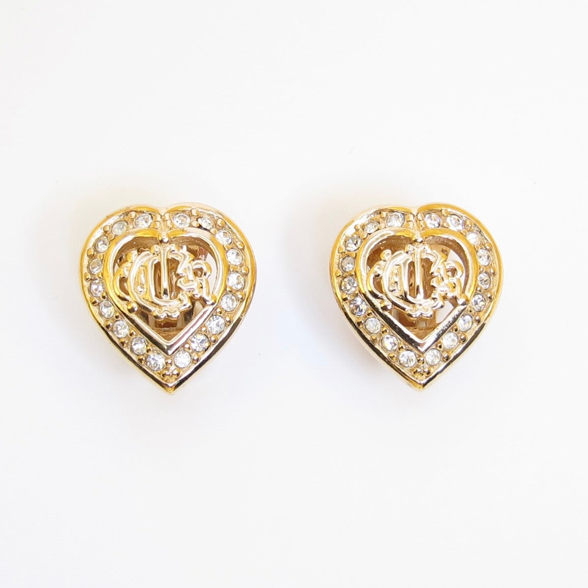 Christian Dior Vintage Dior Logo in Heart with Rhinestone Golden Clip-on Earrings
