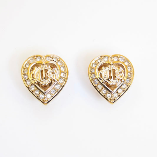Christian Dior Vintage Dior Logo in Heart with Rhinestone Golden Clip-on Earrings