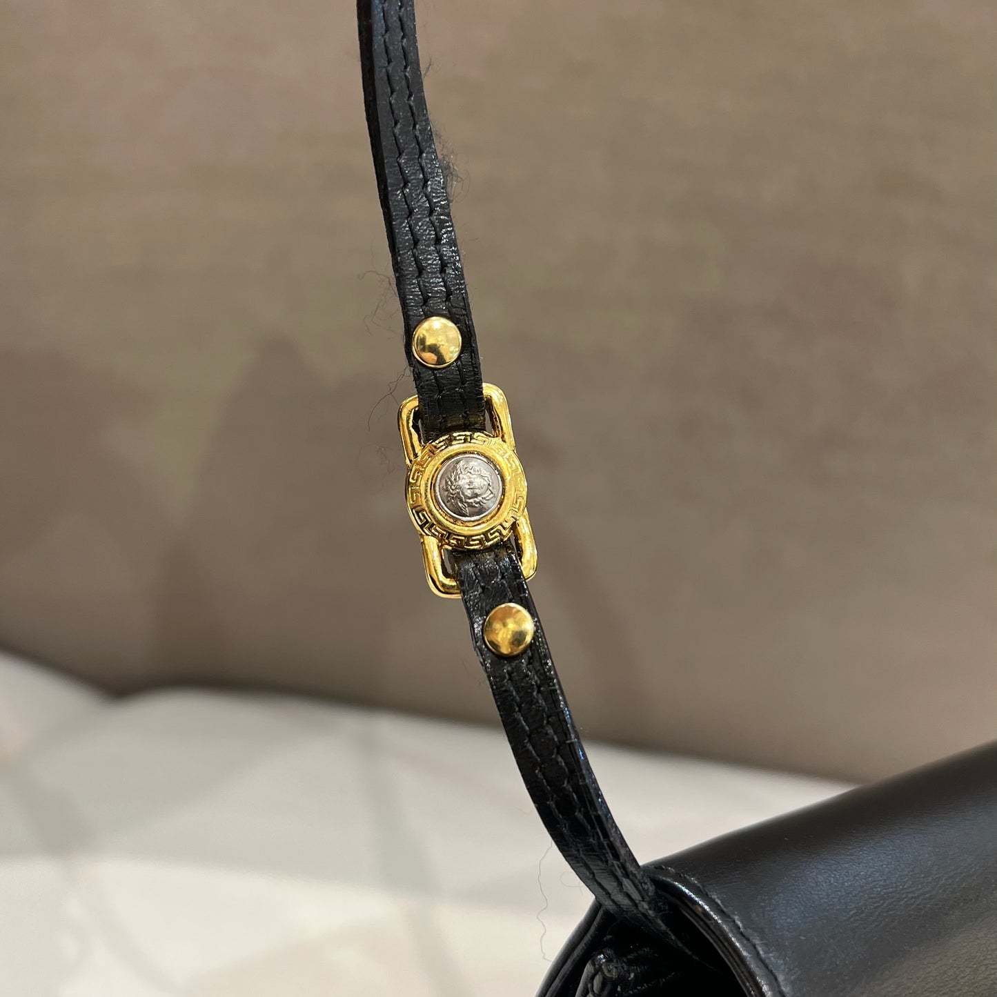 Versace Vintage Golden Buckle With Black Leather Shoulder Bag