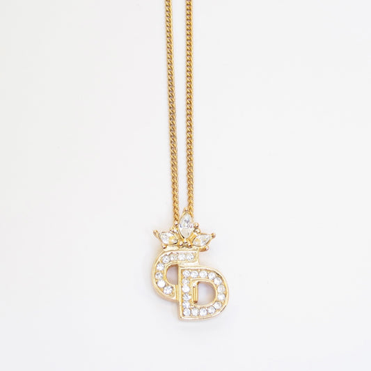 Christian Dior Vintage CD Logo with Rhinestone Golden Necklace