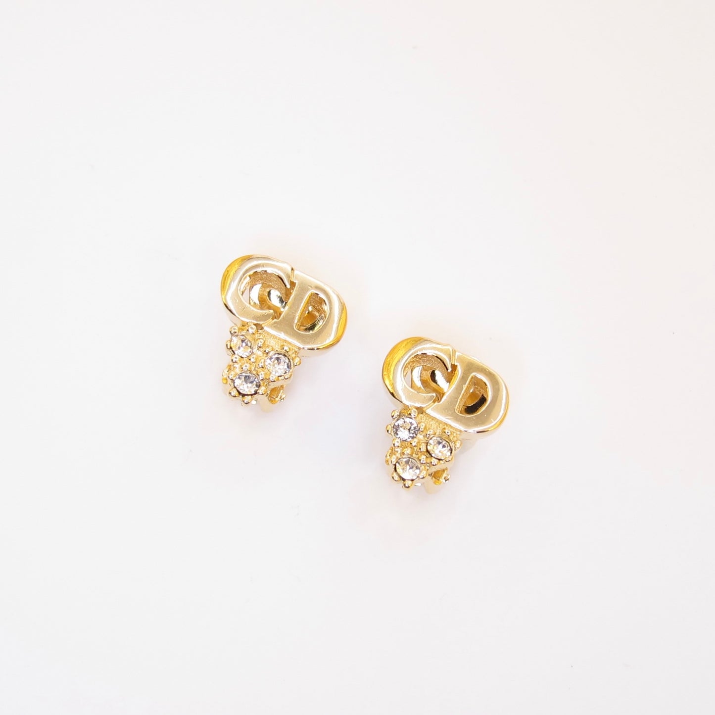 Christian Dior Vintage CD Logo and Rhinestone Golden Clip-on Earrings