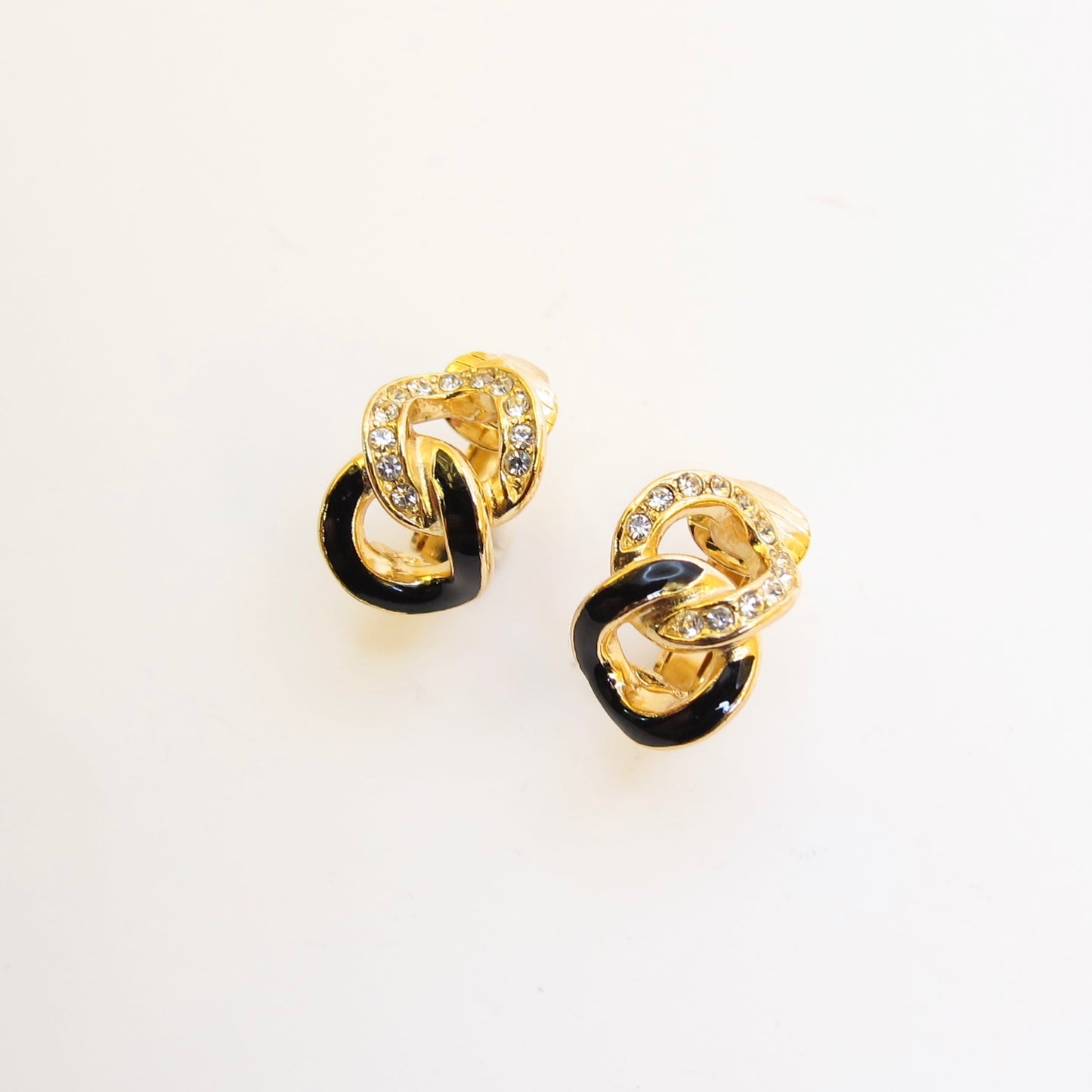 Christian Dior Vintage Black and Rhinestone Link Golden Clip-on Earrings