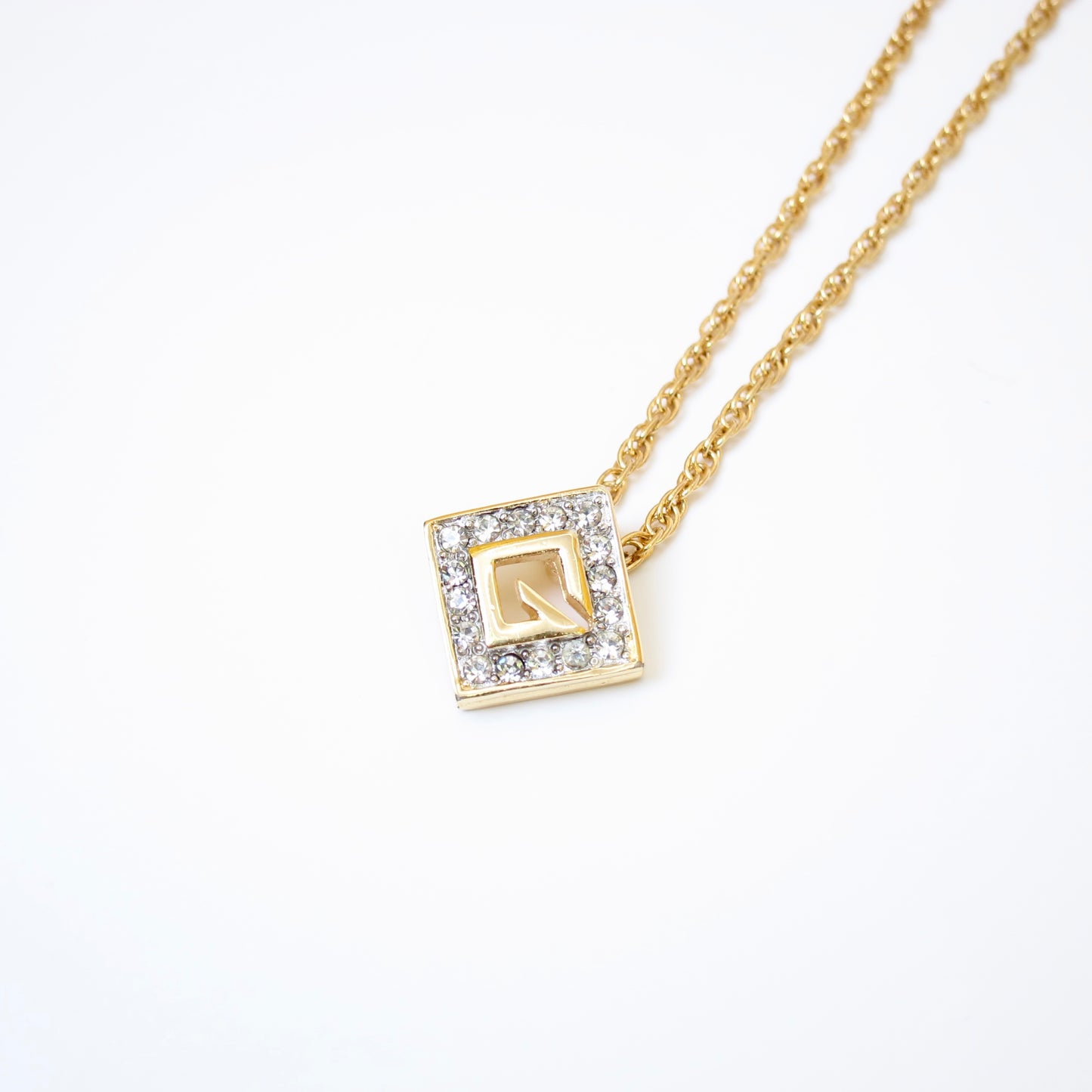 Givenchy Vintage G Logo in Rhombus with Rhinestone Golden Necklace
