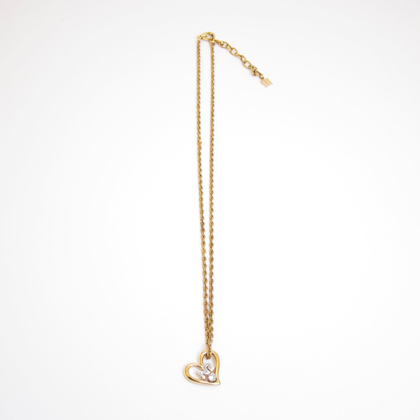 Nina Ricci Vintage NR Logo in Heart with Single Rhinestone Golden Necklace