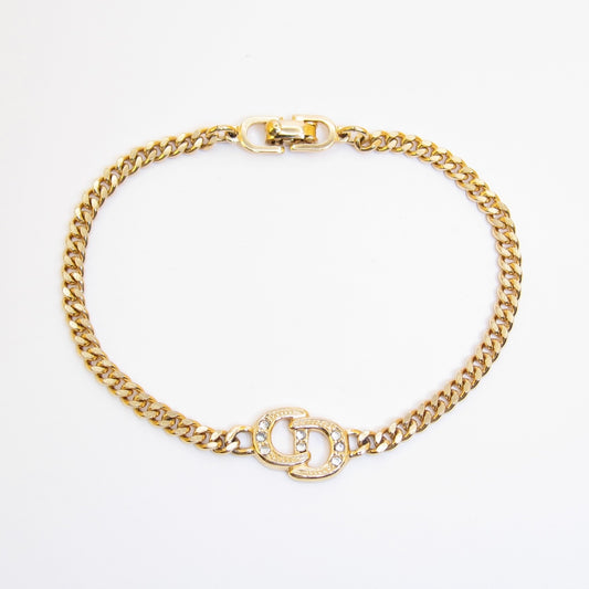 Christian Dior Vintage CD Logo with Rhinestone Golden Bracelet