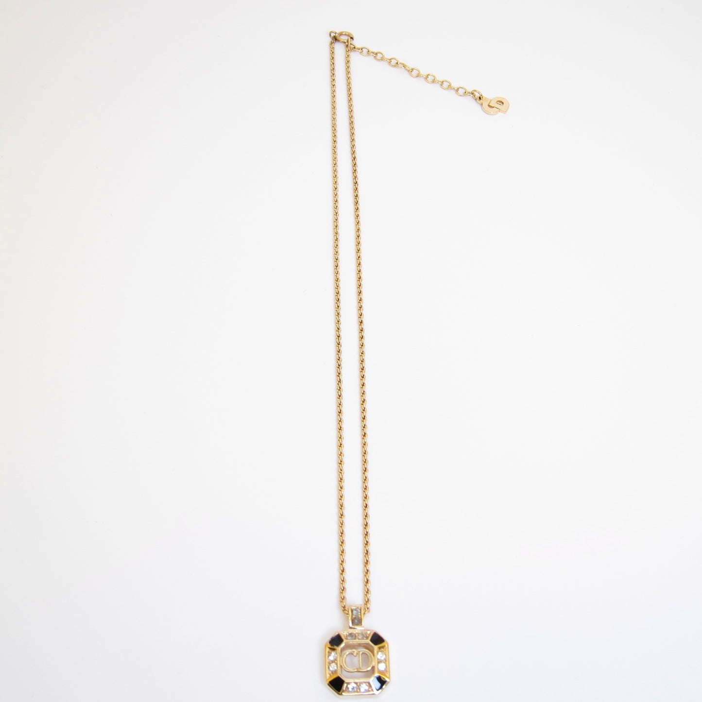 Christian Dior Vintage CD Logo in Octagon Black and Rhinestone Golden Necklace