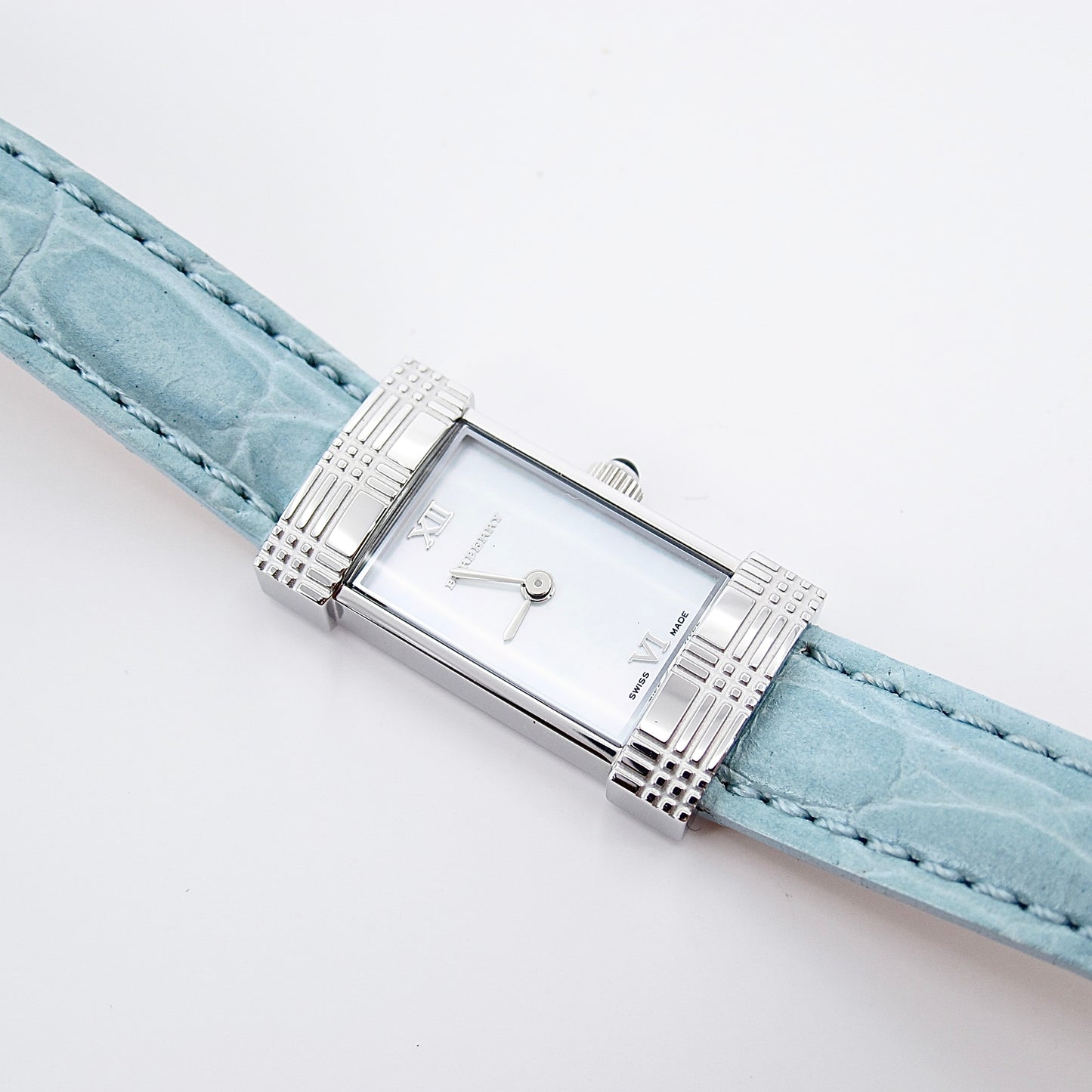 Burberry Vintage Rectangle Shell Pearl Face with Blue Leather Strap Watch