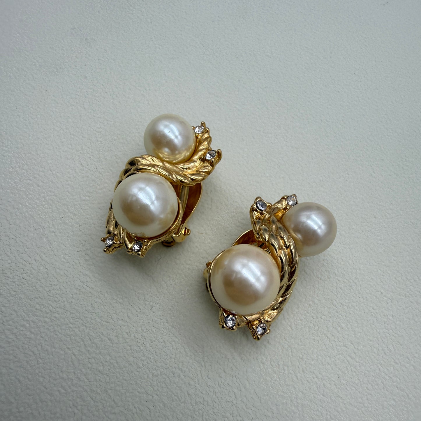 Givenchy Vintage Stylish Pearl and Rhinestone Golden Clip-on Earrings
