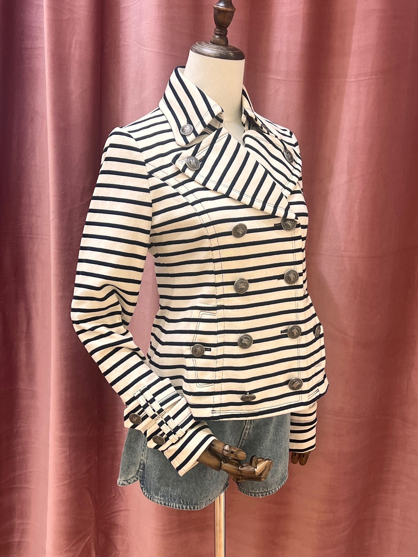 Burberry Blue Label Vintage Striped Double-Breasted Cotton Jacket