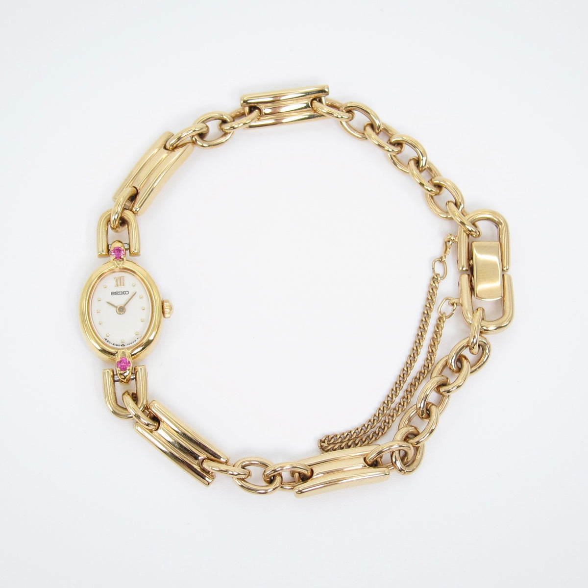 Seiko Vintage Oval Dial Amethyst Stone Bone Link Golden Watch
