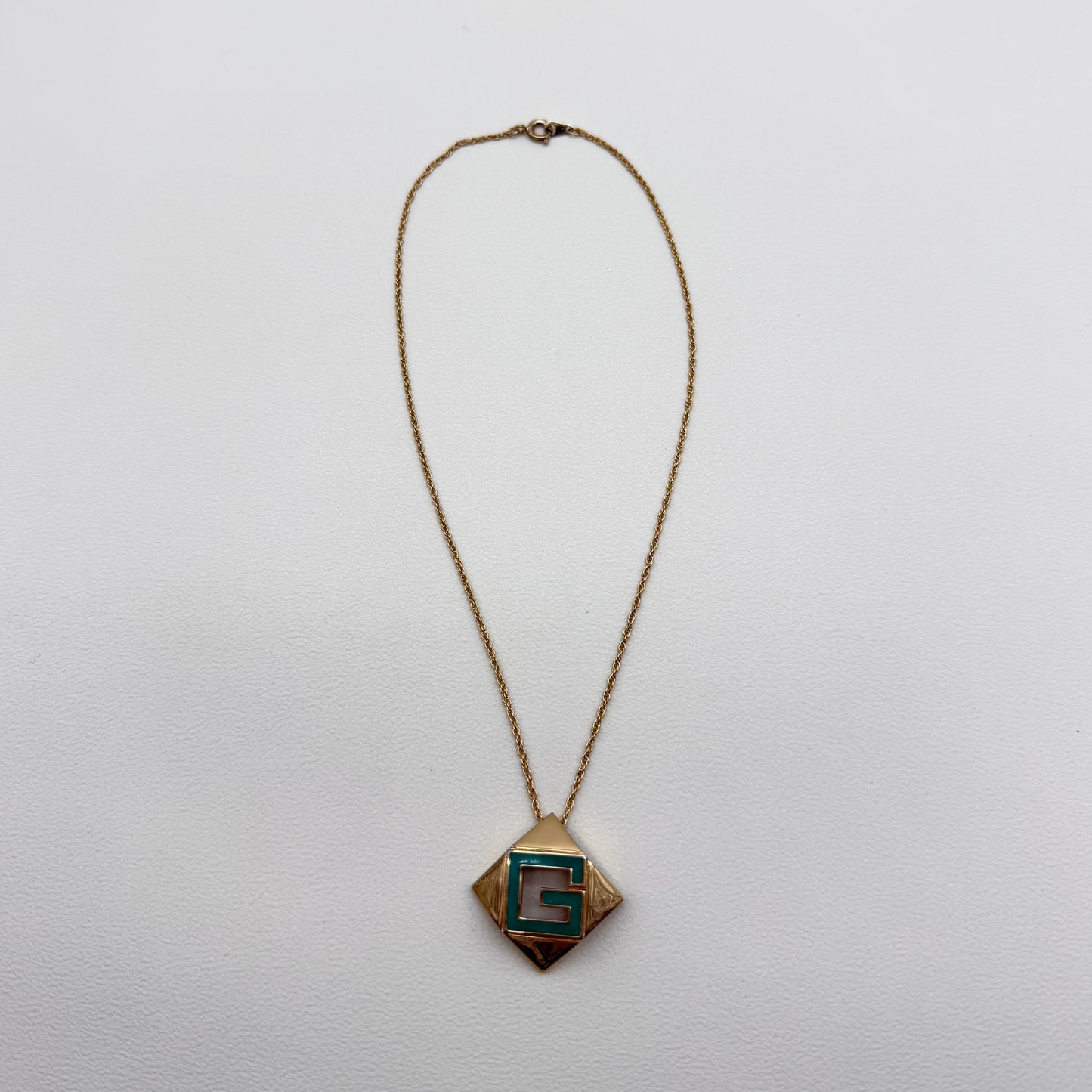Givenchy Vintage Green Color G Logo in Rhombus Pendant Golden Necklace