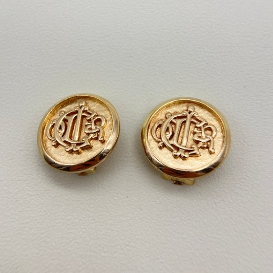 Christian Dior Vintage Dior Logo on Round Shape Golden Clip-on Earrings