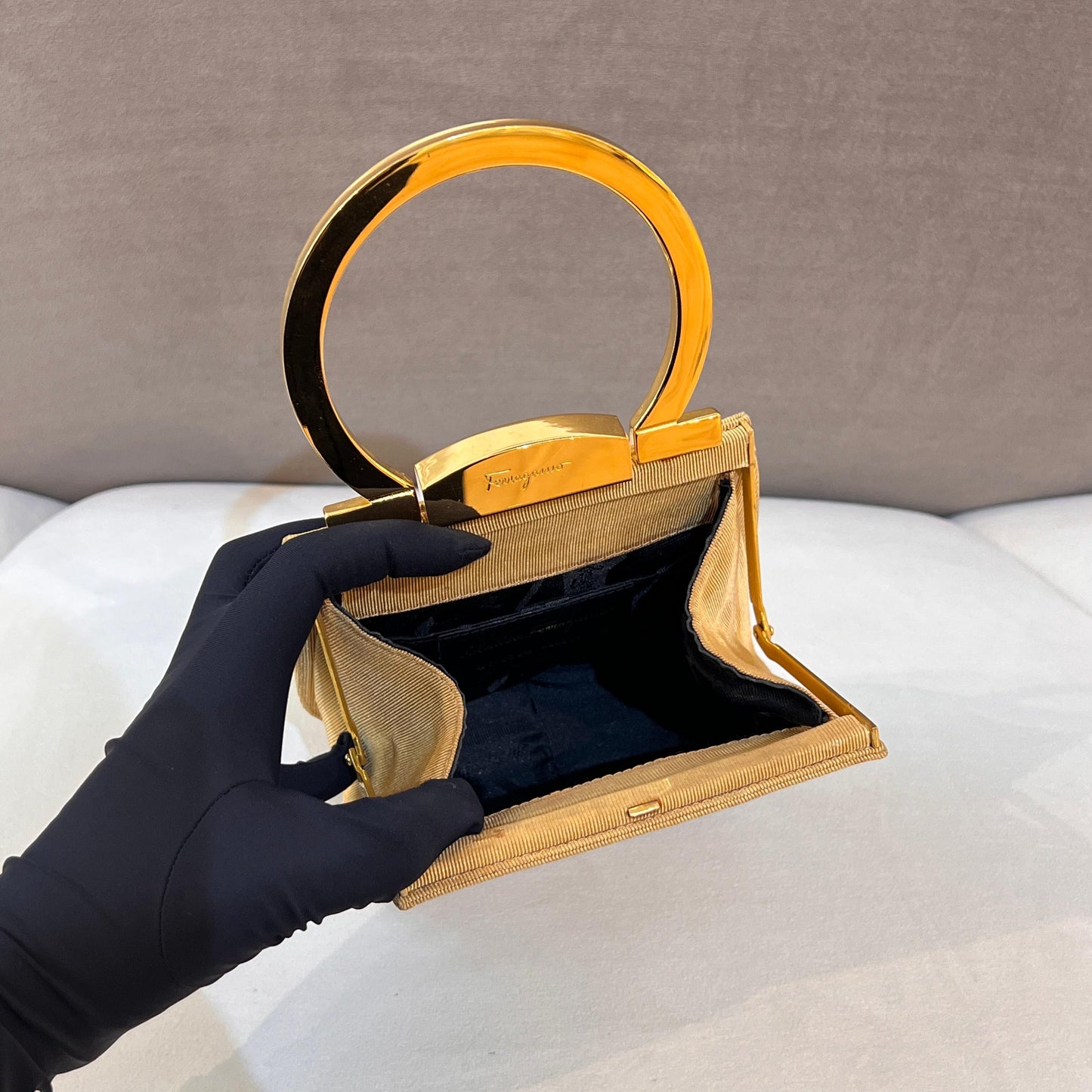 Ferragamo Vintage Gancini Gold Satin Top Handle Bag
