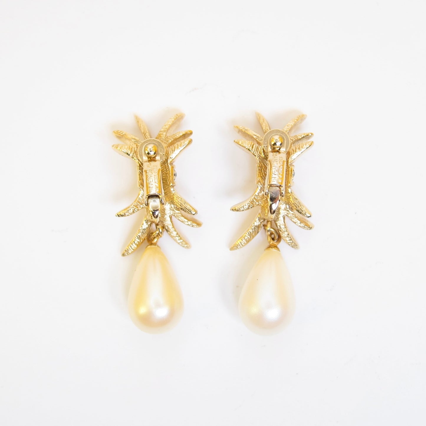 紀梵希復古時尚水鑽珍珠垂墜金色夾式耳環