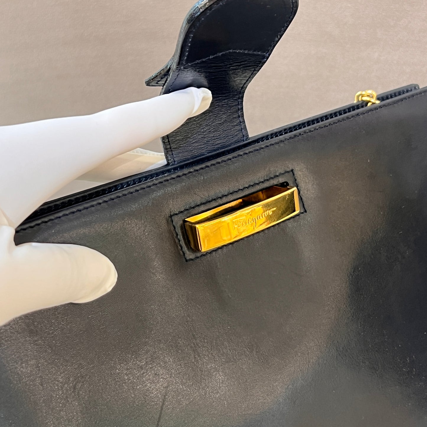Ferragamo Vintage Black Leather Gold Chain Shoulder Bag