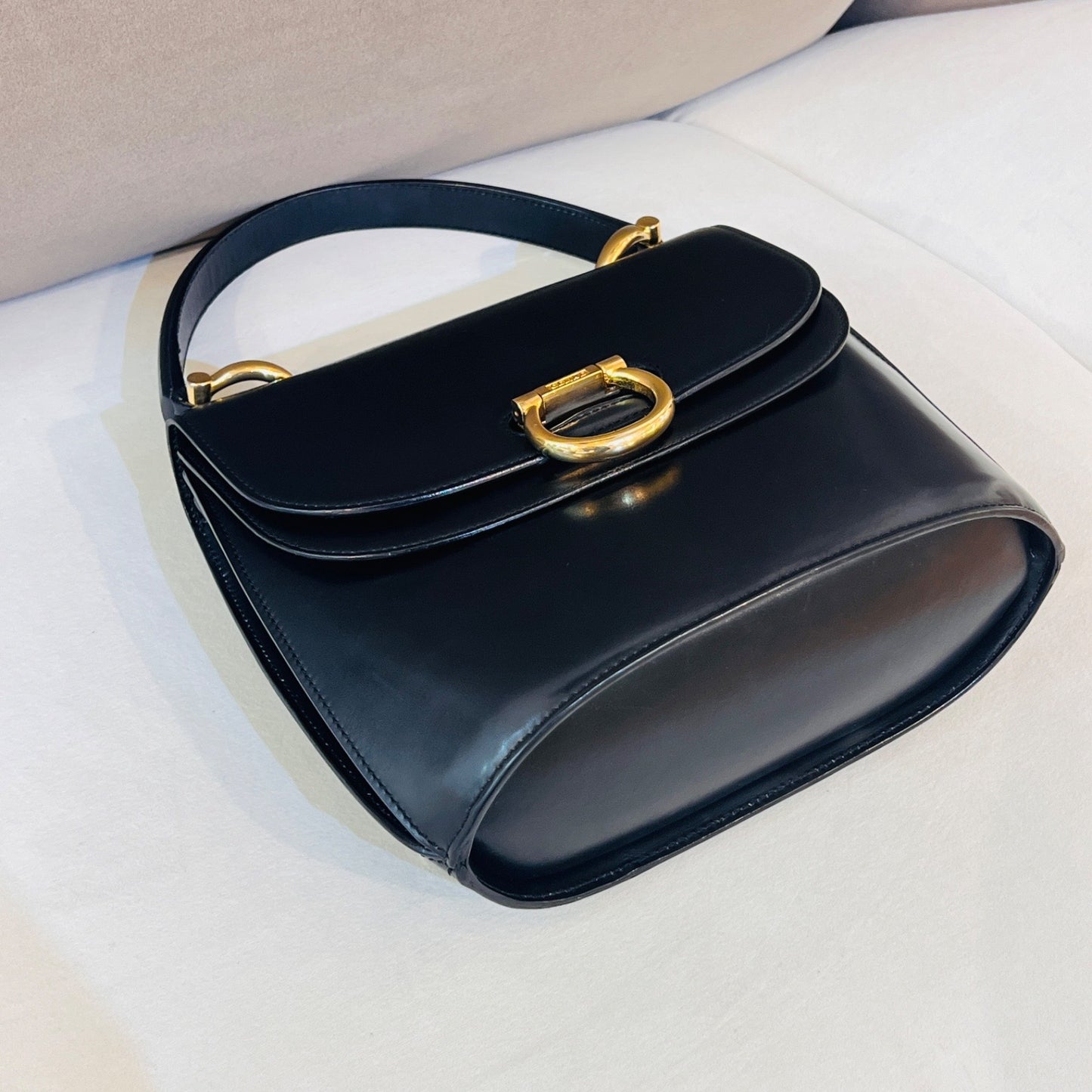 Celine Vintage Black Leather Gancini Closure Top Handle Bag