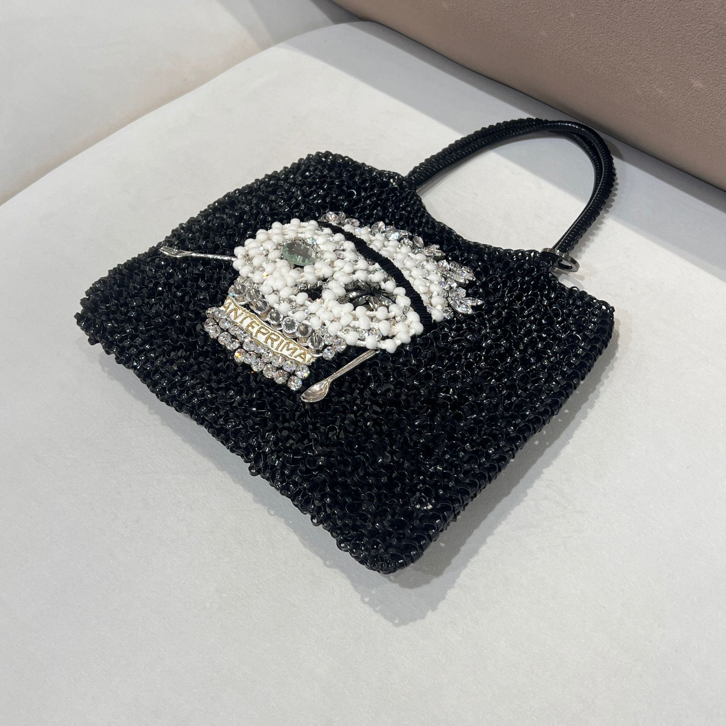 Anteprima Vintage Black Wire Crystal Skull Motif Handbag