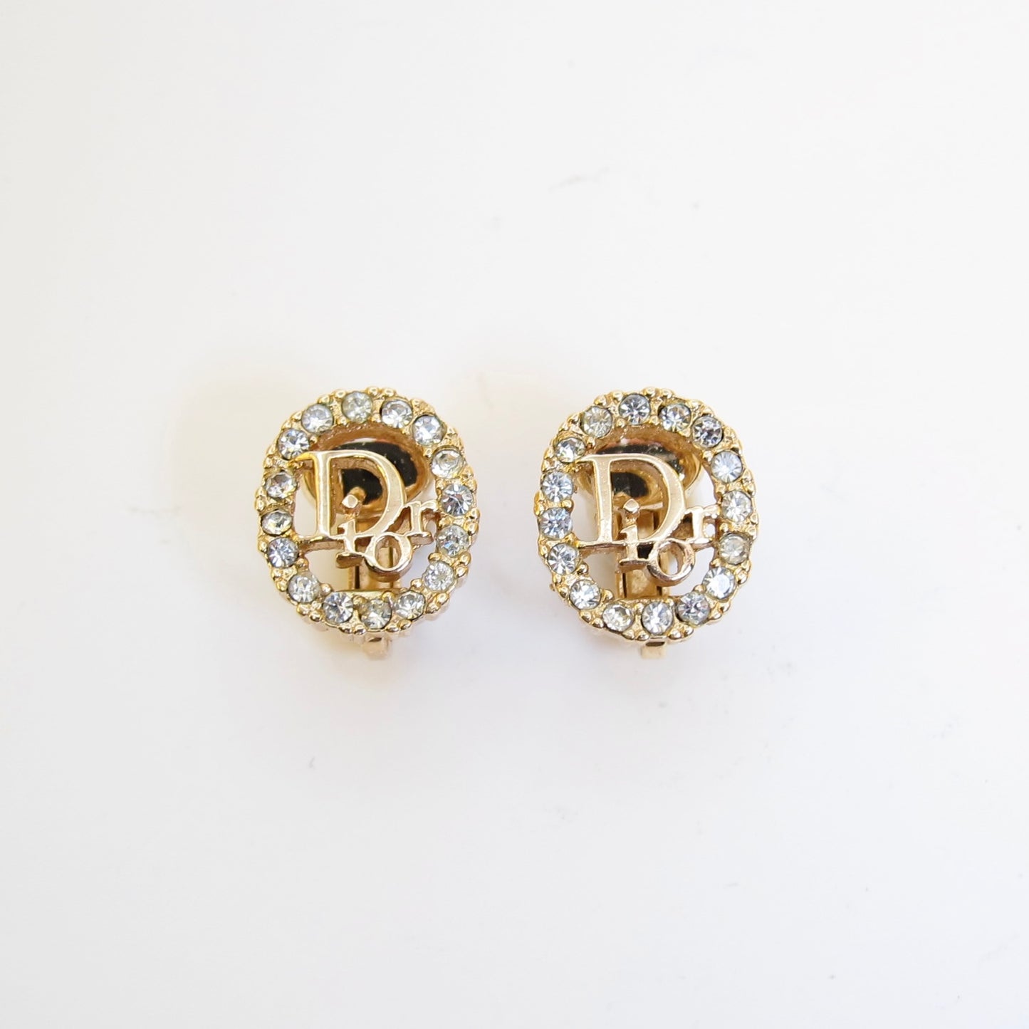 Christian Dior Vintage Dior Logo in Oval Shape with Rhinestone Golden Clip-on Earrings