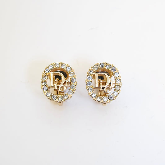Christian Dior 橢圓形復古 Dior 標誌與水鑽金色夾式耳環