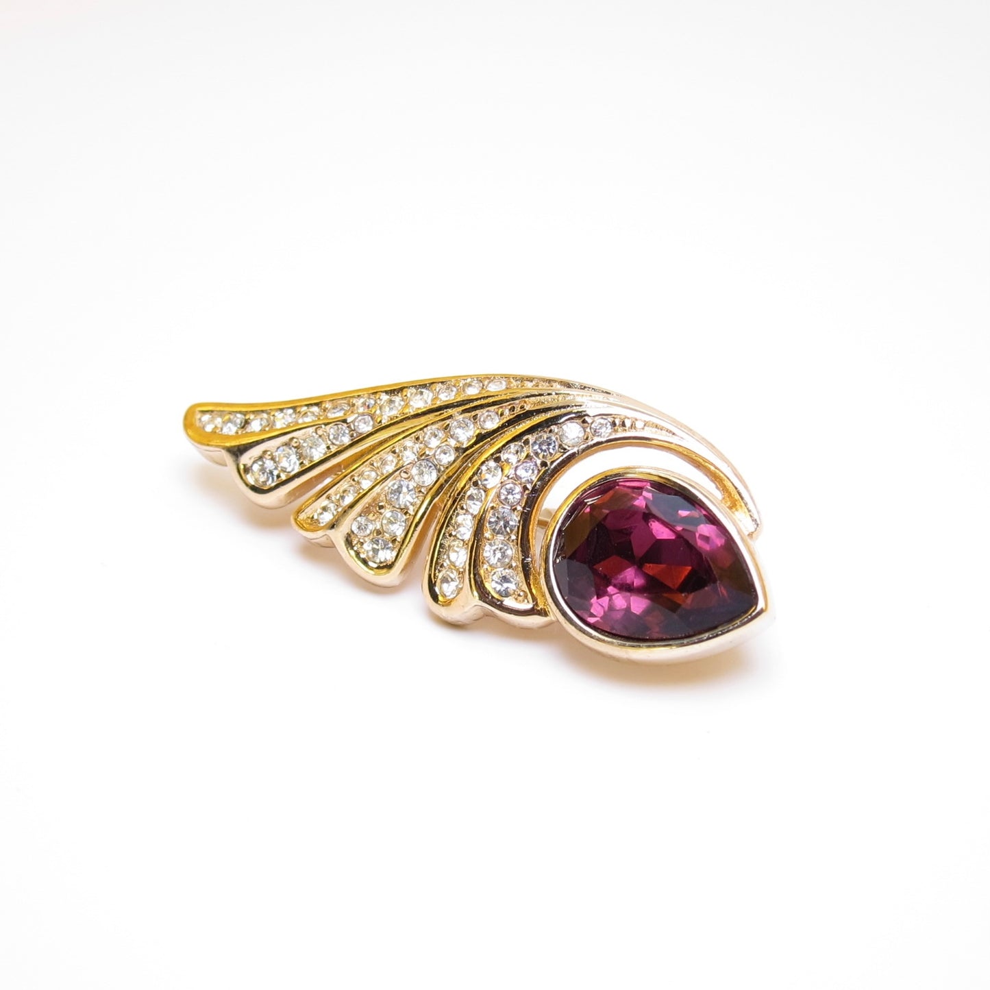 Christian Dior Vintage Plum Color Stone and Rhinestone Golden Brooch