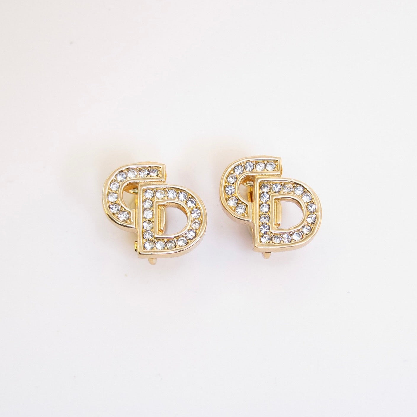 Christian Dior Vintage CD Logo with Rhinestone Golden Clip-on Earrings