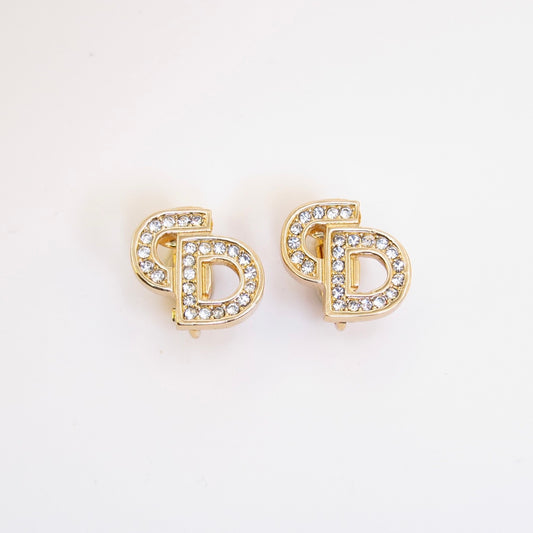 Christian Dior Vintage CD Logo with Rhinestone Golden Clip-on Earrings