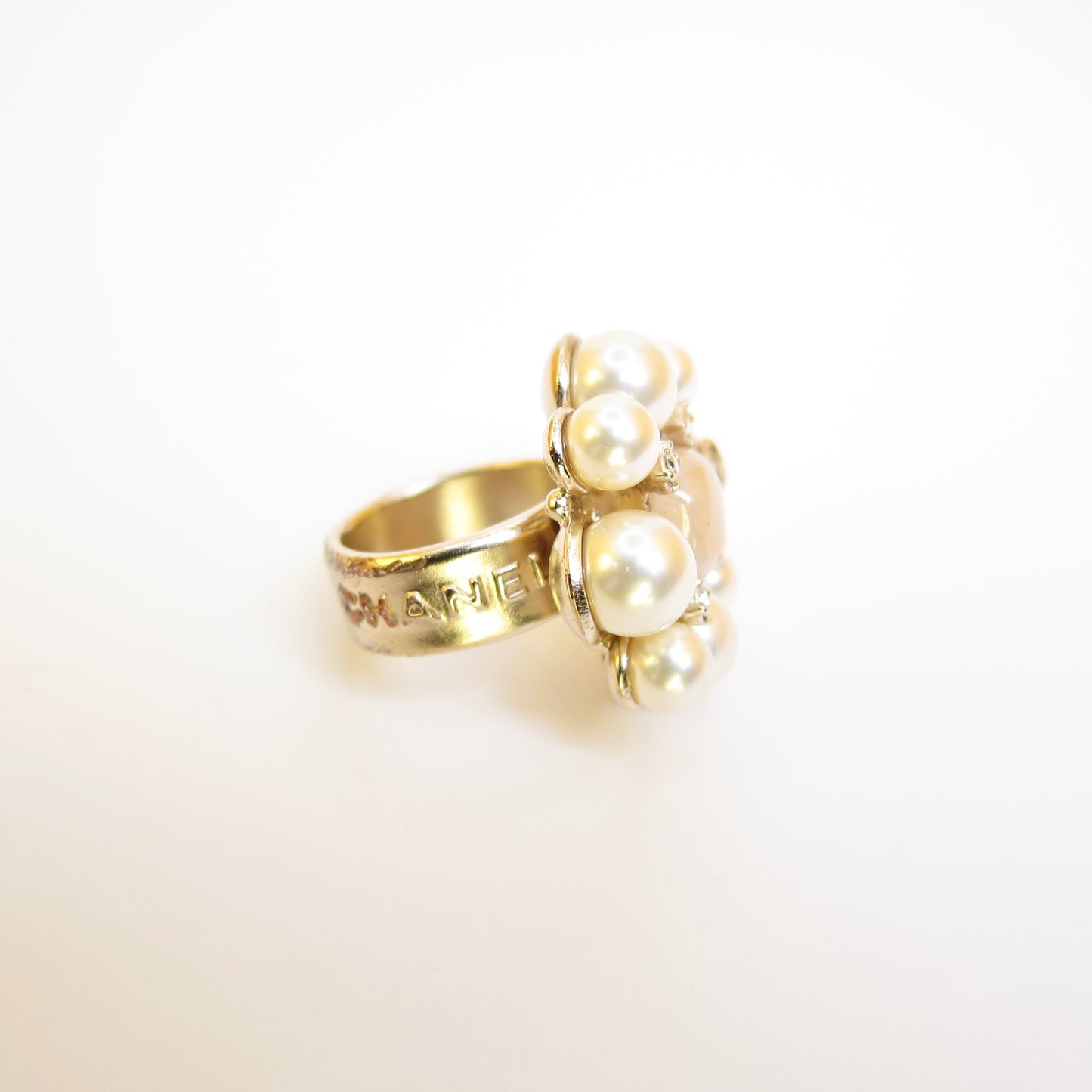 Chanel Vintage CC Logo Pearl and Stone Golden Ring #12