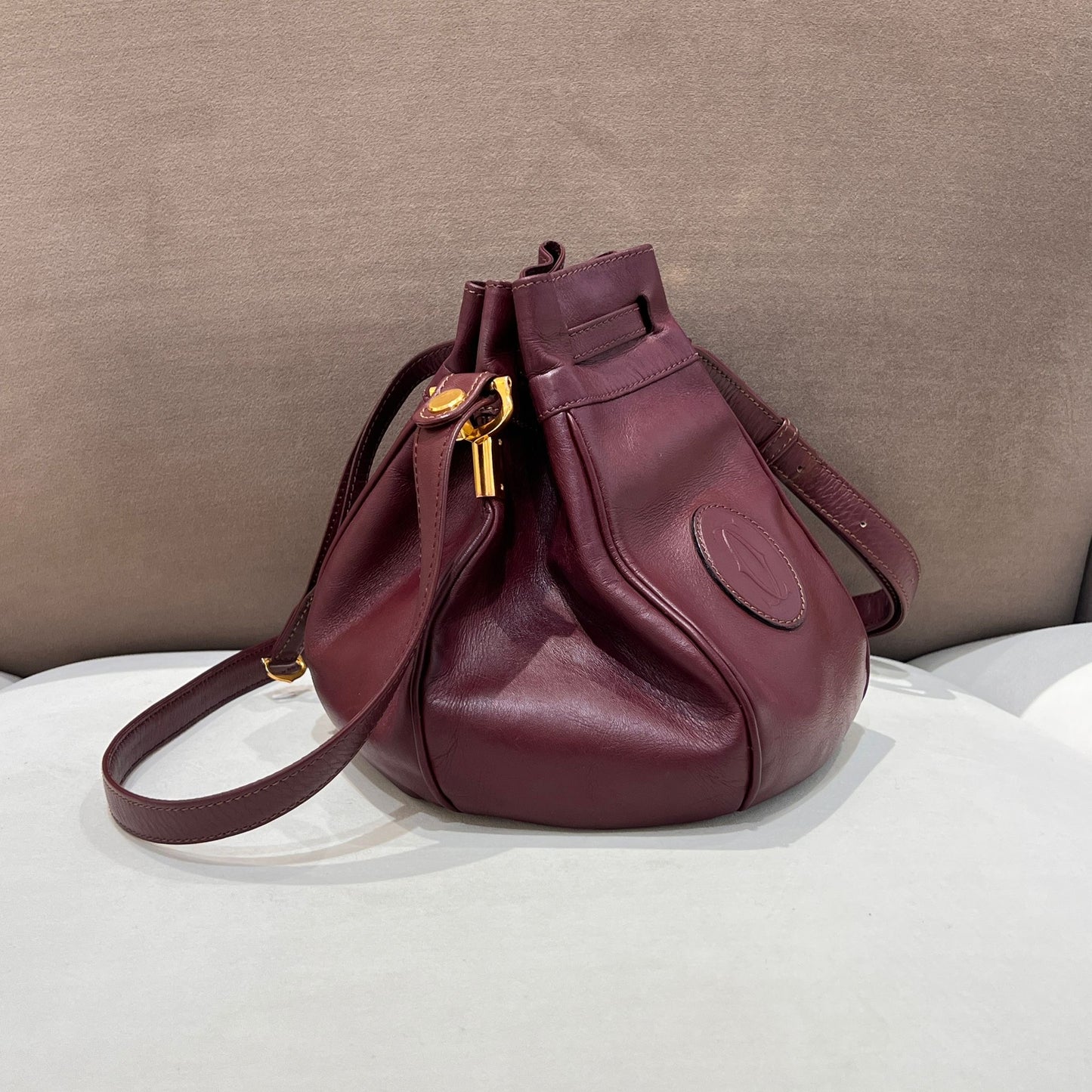 Cartier Vintage Brown Leather Drawstring Shoulder Bag